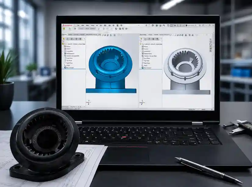 Physical part next to its reverse-engineered CAD wireframe model on screen
